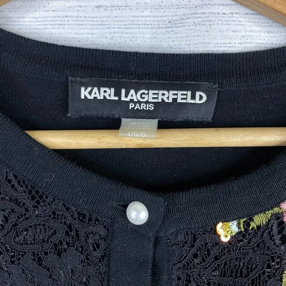 Karl Lagerfeld Lace Embroidered Pearl Button Up Cardigan Sweater Size Large - Picture 4 of 9